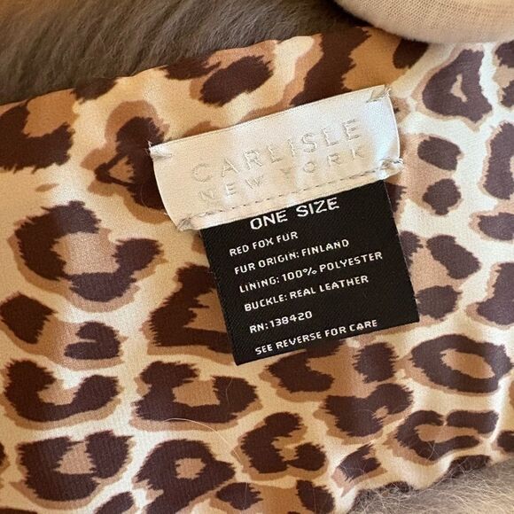 Carlisle NY Red Fox Fur Collar with Leopard Print Lining & Leather Buckle NWOT - Picture 5 of 6
